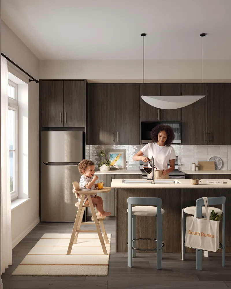 Rendering of a South Banks kitchen with espresso cabinetry and a parent and toddler at breakfast