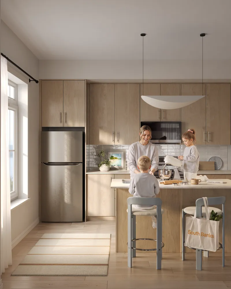 Rendering of a South Banks kitchen with warm oak cabinetry and a family at the island
