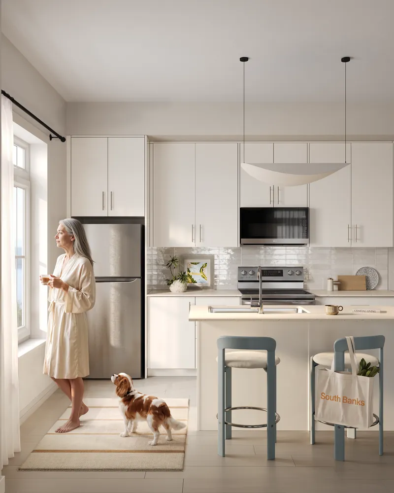 Rendering of a South Banks kitchen with white cabinetry and morning light