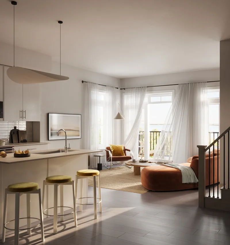 Rendering of a South Banks open-concept living room and kitchen opening to a balcony