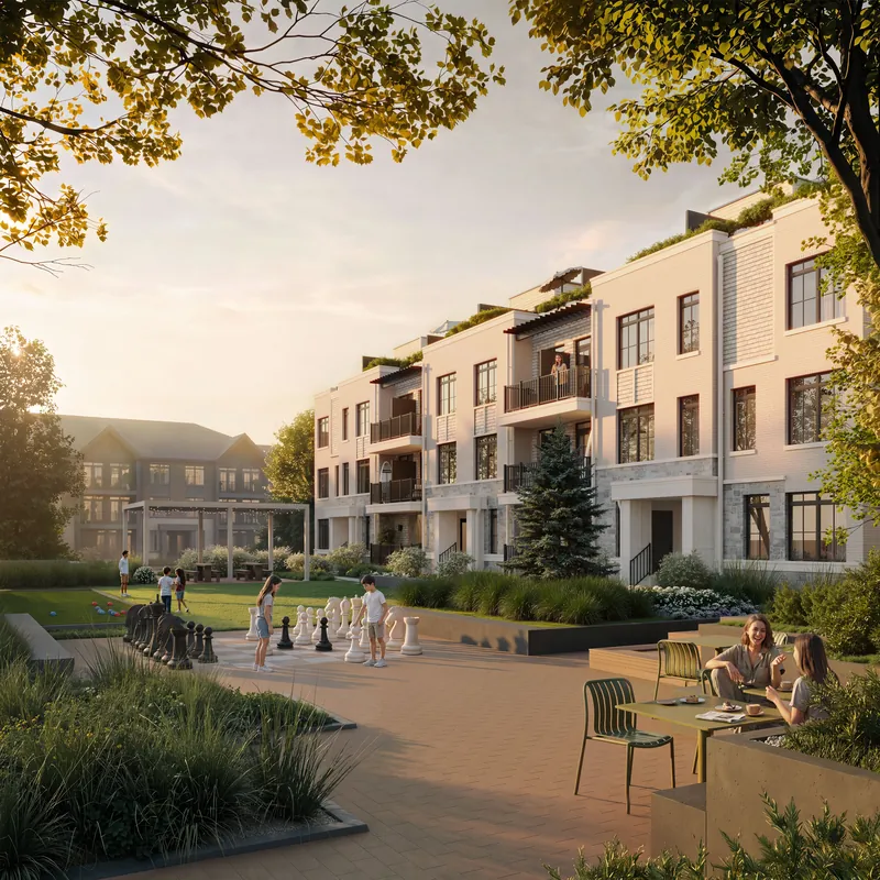 Rendering of South Banks townhomes facing a landscaped green with outdoor chess and seating