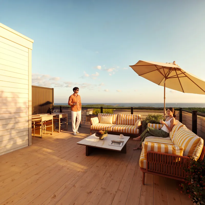 Rendering of a South Banks rooftop terrace lounge with striped sofas and an umbrella
