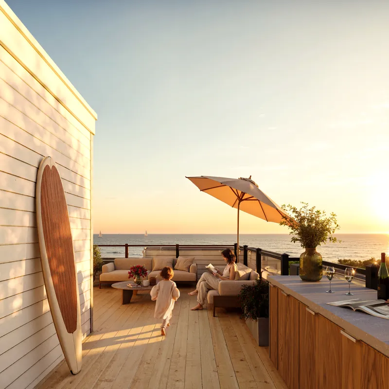 Rendering of a family on a South Banks rooftop terrace at sunset with the lake beyond
