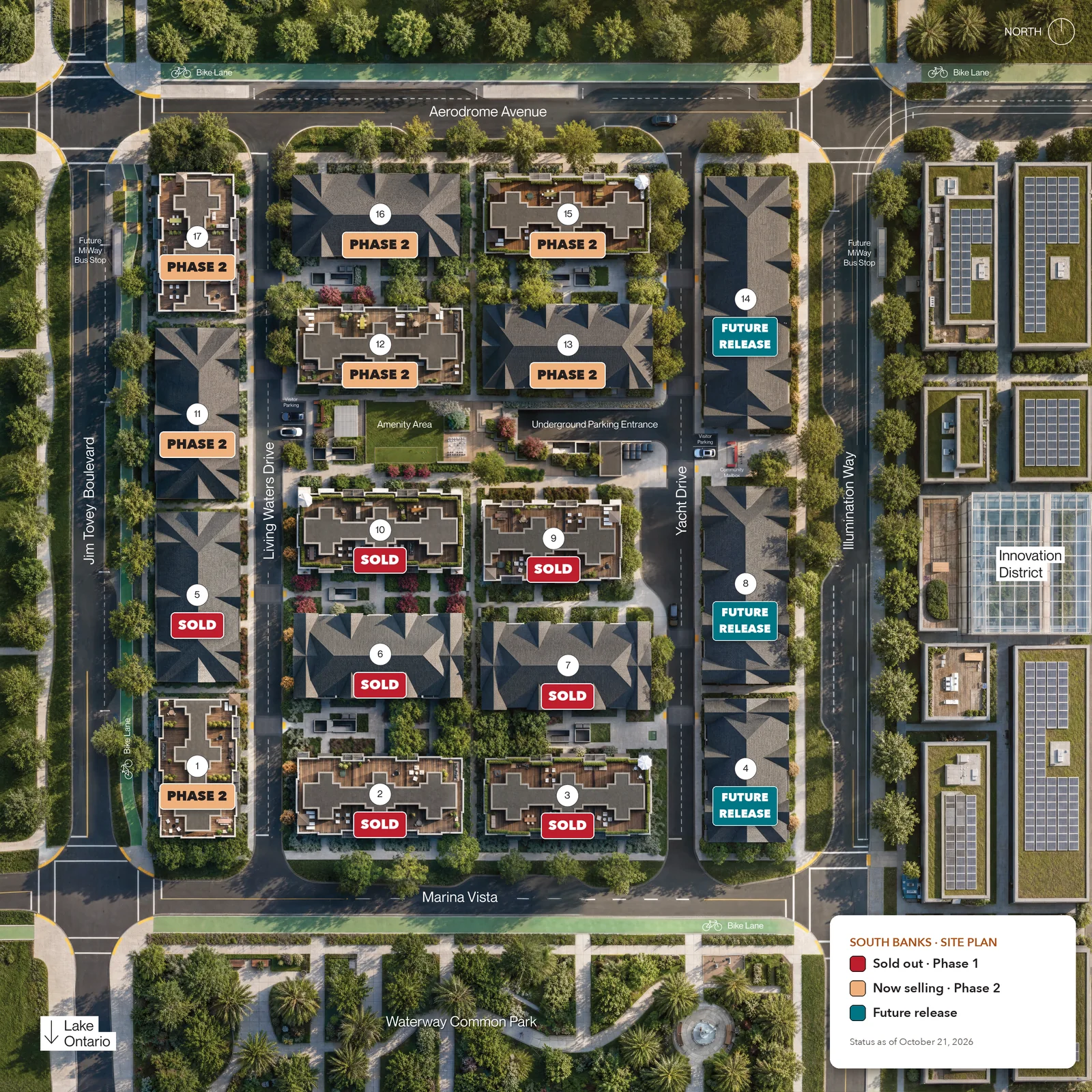 South Banks site plan: blocks 2, 3, 5, 6, 7, 9 and 10 sold in Phase 1; blocks 1, 11, 12, 13, 15, 16 and 17 in the Phase 2 release; blocks 4, 8 and 14 held for a future release