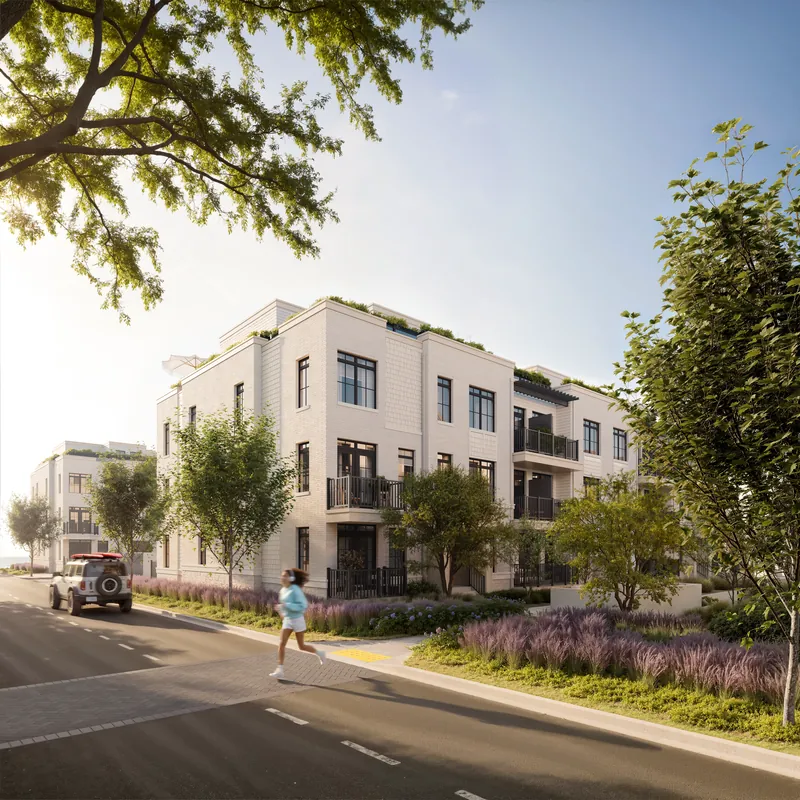 Rendering of South Banks three-storey townhomes on a tree-lined street corner