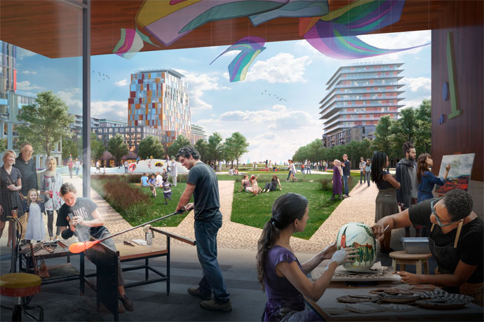 Rendering of warm-lit townhomes along tree-lined streets