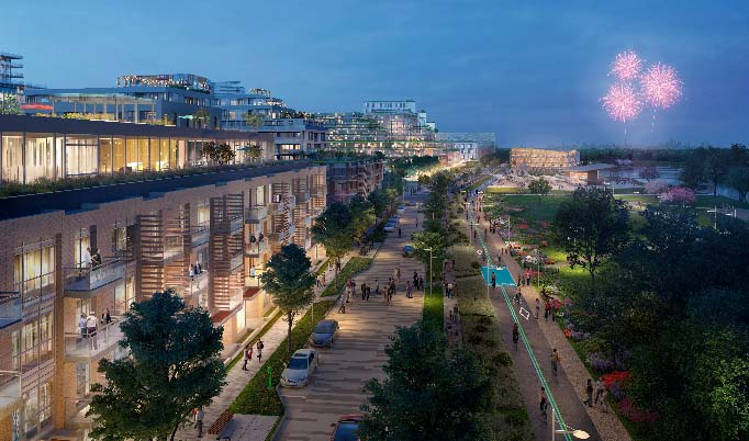 Rendering of Lakeview Square with shops, restaurants and an outdoor stage